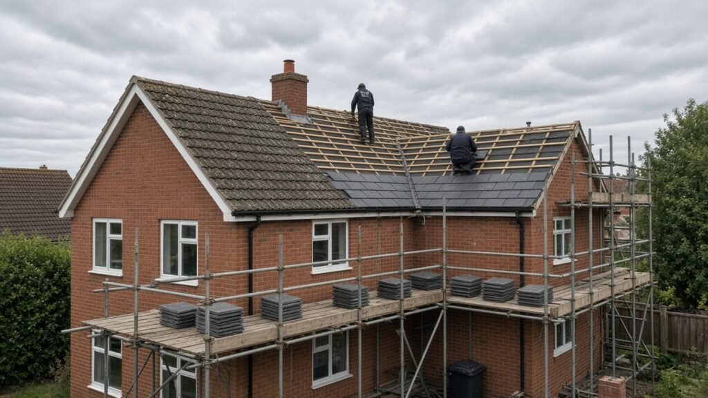 Roofers installing a new tiled roof over fresh battens and breathable membrane on a house in Ealing