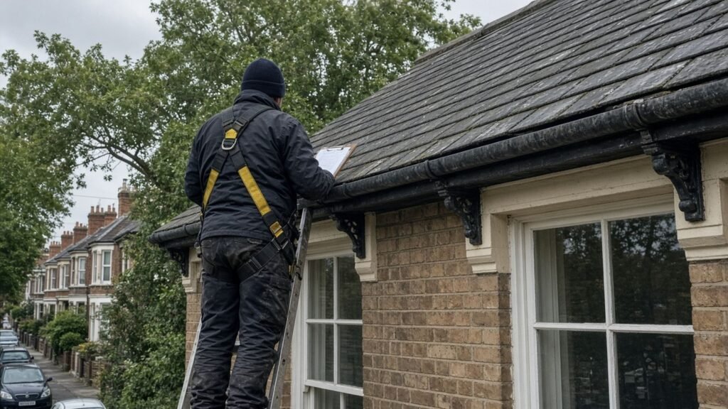 Roofer on a ladder inspecting the slate roof and gutter of a period house in Ealing